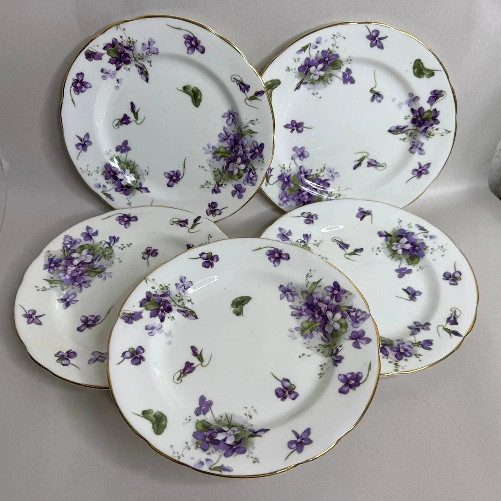 Hammersley Victorian Violets Scalloped Gold Trim Bread Plates Set of 5